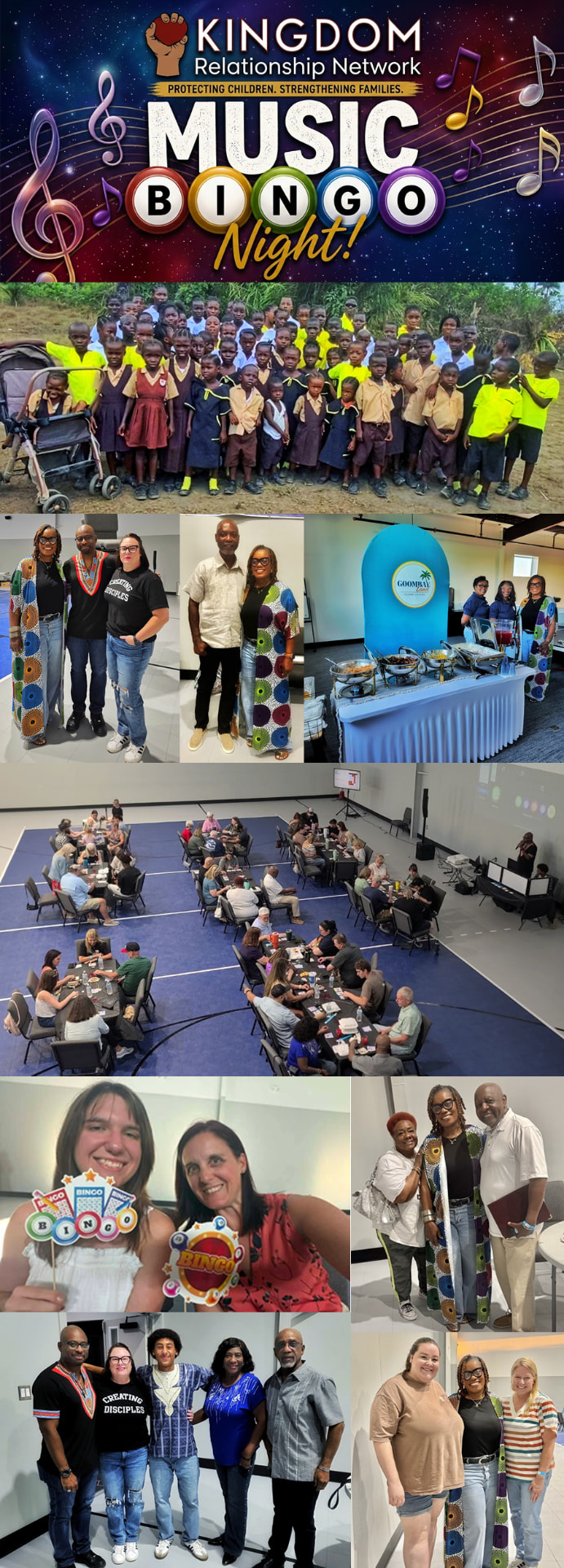 KRN Music Bingo Night photo collage featuring event attendees, community partners, volunteers, and children supported by Kingdom Relationship Network in Liberia.