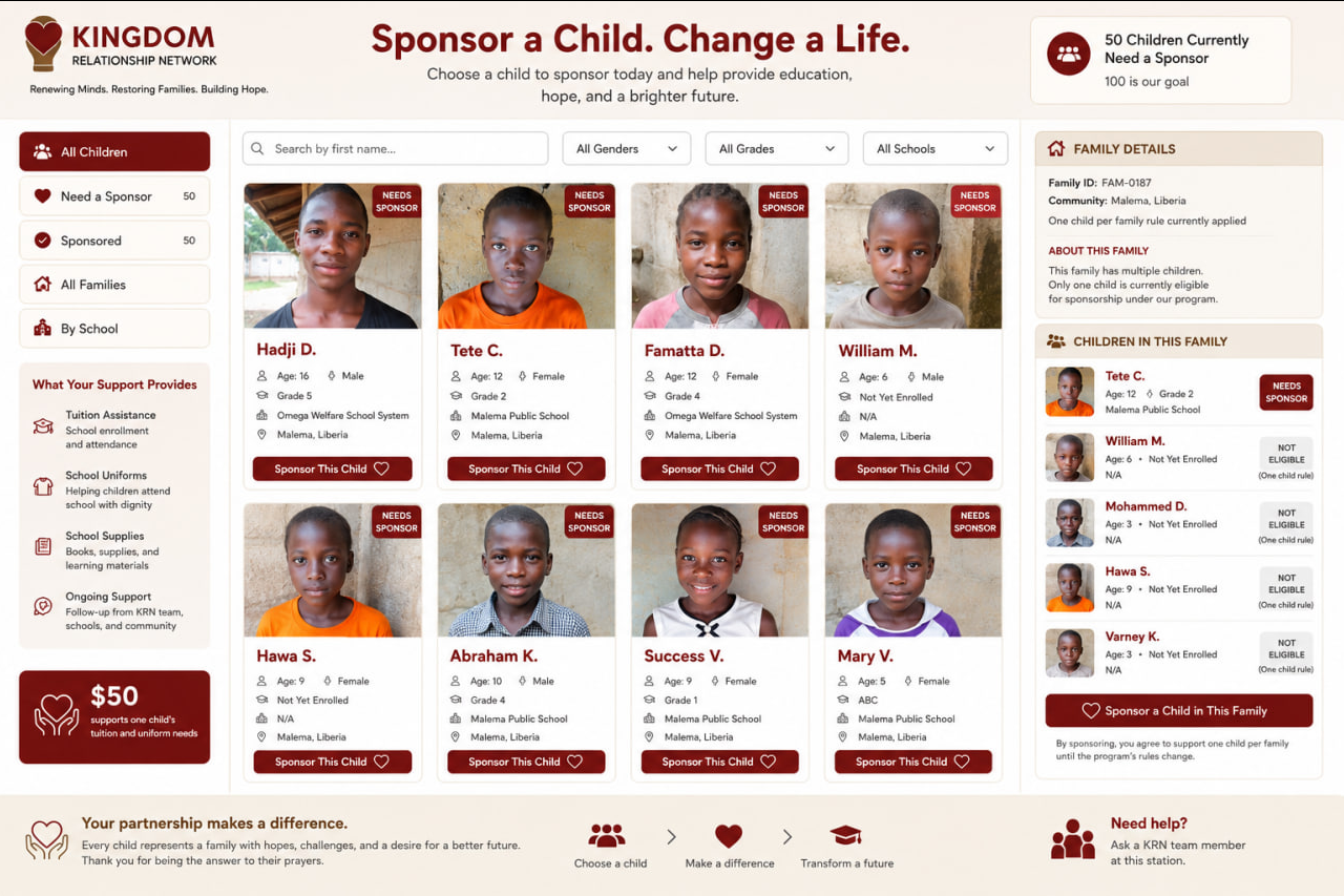 The KRN sponsorship portal showing children who are waiting for a sponsor